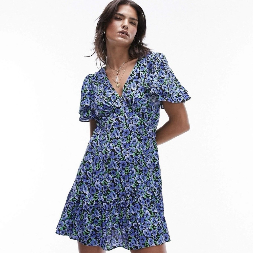 Topshop Bella Tea Dress Blue Floral Angel Sleeve NWT Size US‎ 8 Side Zip